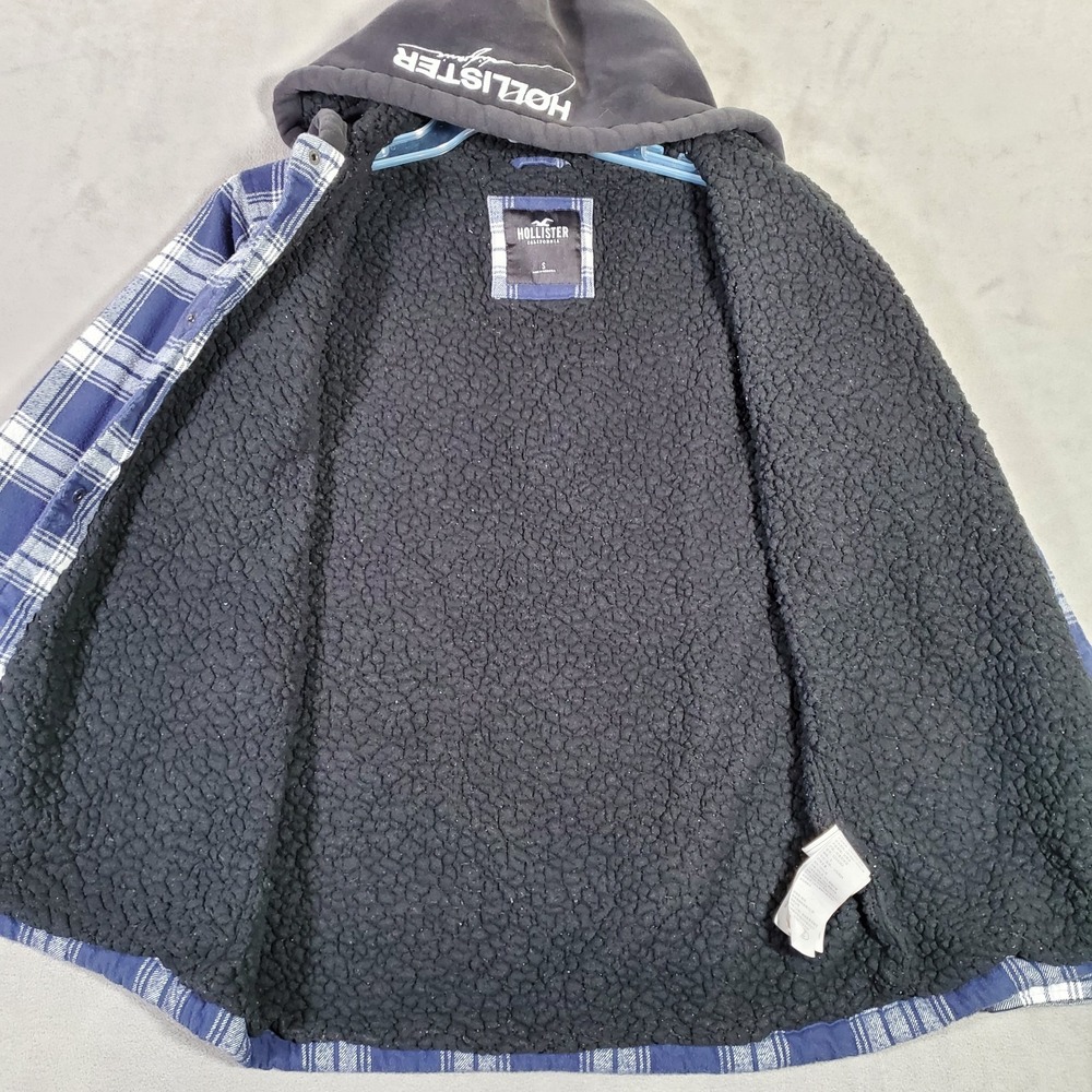 Hollister Shacket Mens S Blue Plaid Hooded Stitched Sherpa Lined Snap Grunge Y2K - Picture 4 of 11